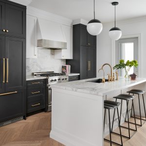 Transitional Black Kitchen with Gold Accents Riverdale Toronto Home